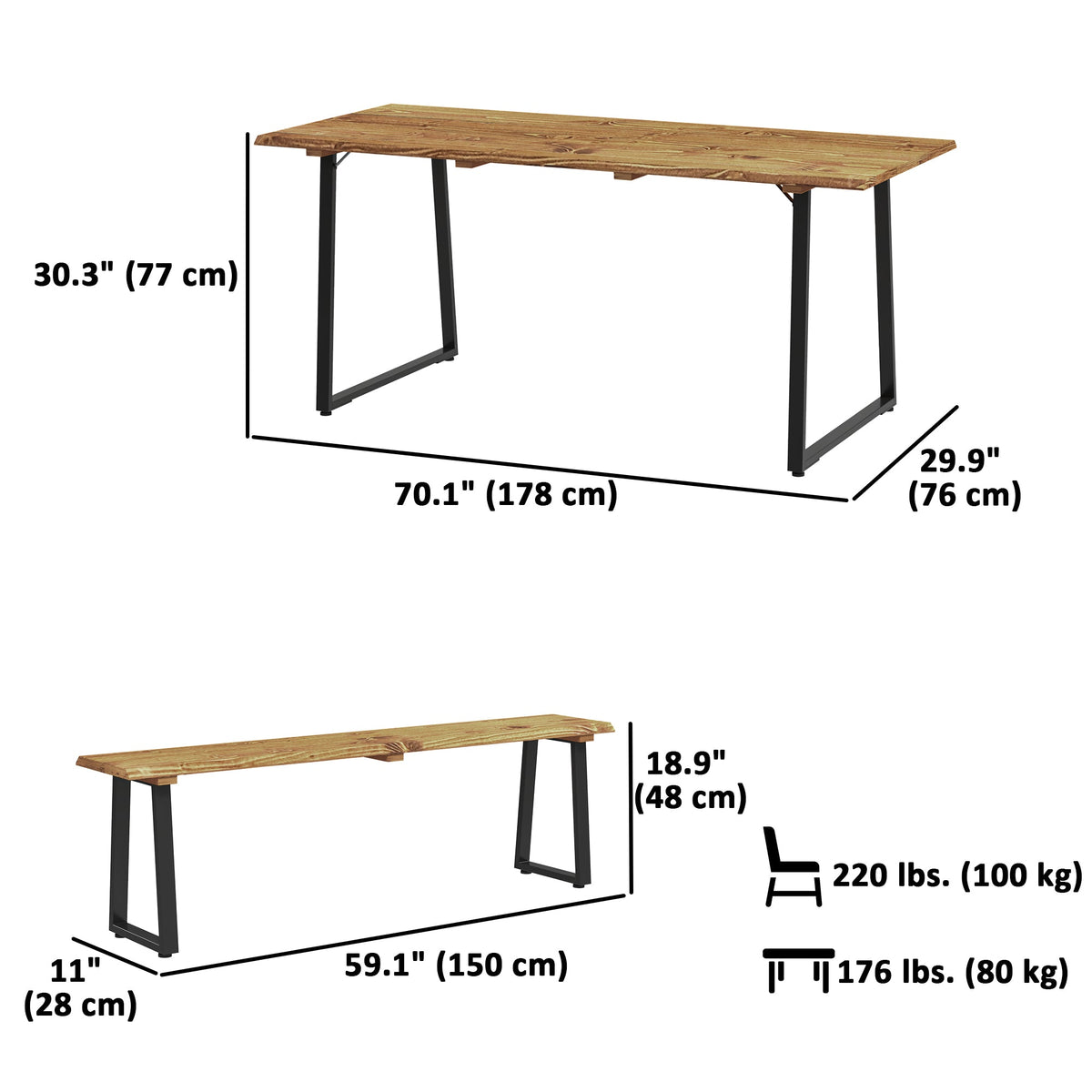 Picnic Table and Bench Set for 6 with 2" Umbrella Hole, Slatted Top & Steel Frame, Lawn