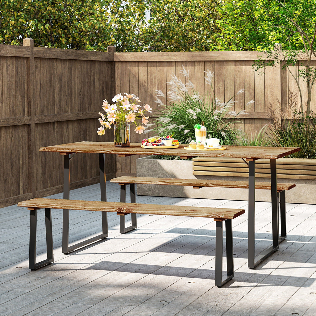 Picnic Table and Bench Set for 6 with 2" Umbrella Hole, Slatted Top & Steel Frame, Lawn