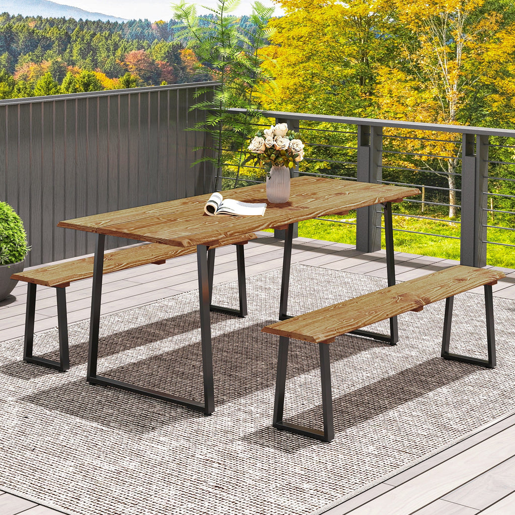Picnic Table and Bench Set for 6 with 2" Umbrella Hole, Slatted Top & Steel Frame, Lawn