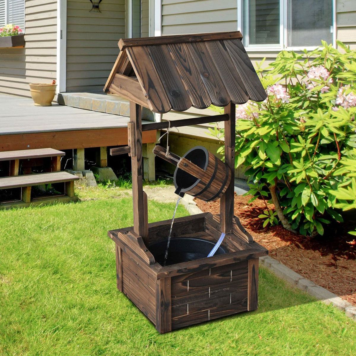 Outdoor Wooden Wishing Well Fountain w/ Adjustable Water Flow Rate & Electric Pump