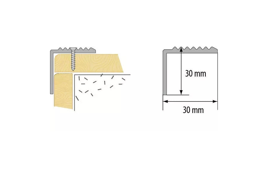 Aluminium Stair Nosing 30 MM x 30 MM x 0.9 M Length Anodised Grooved Anti-Slip