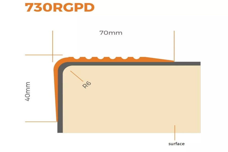 Non Slip PVC Rubber Stair Nosing 70 MM x 40 MM x 1.18 M Length RGPD