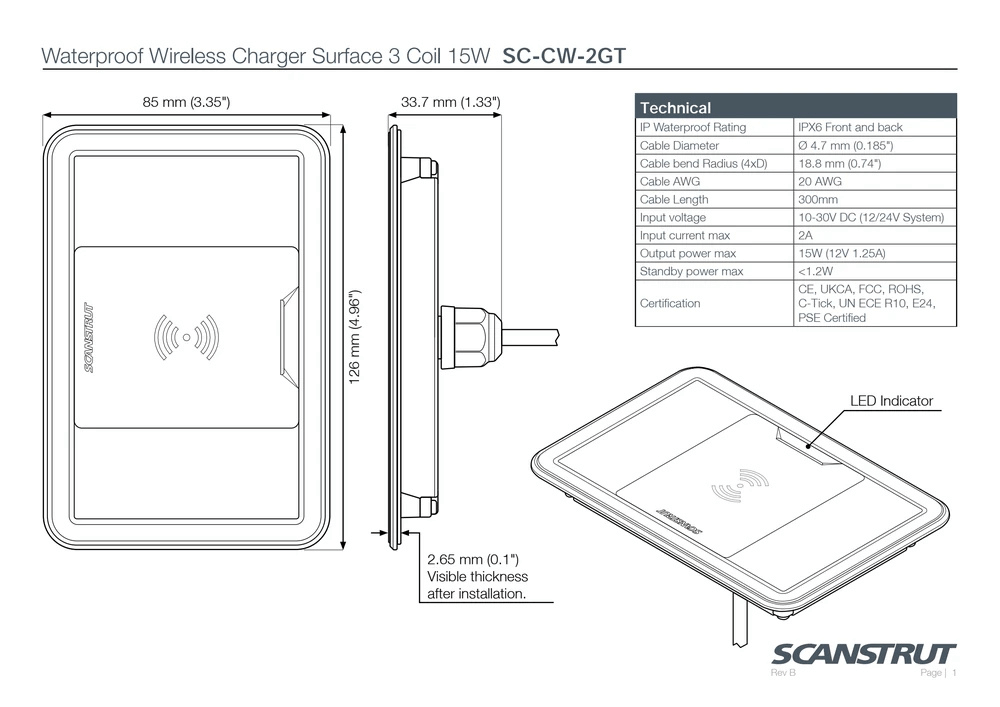 Scanstrut 12/24V 15W Recessed-Mount Surface 3-Coil Waterproof Wireless Charger