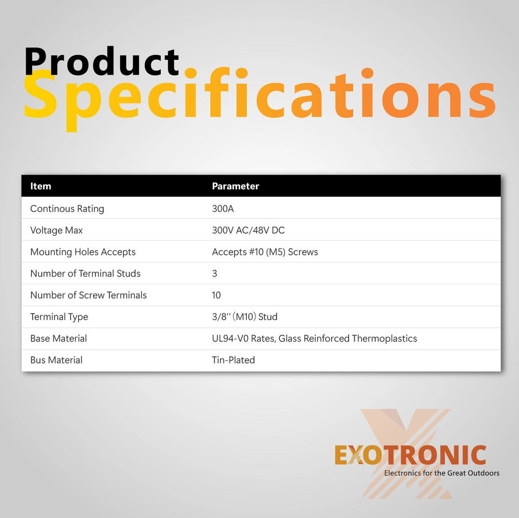 Exotronic 300A Black 3x M10 Stud & 10x Screw Busbar with Cover