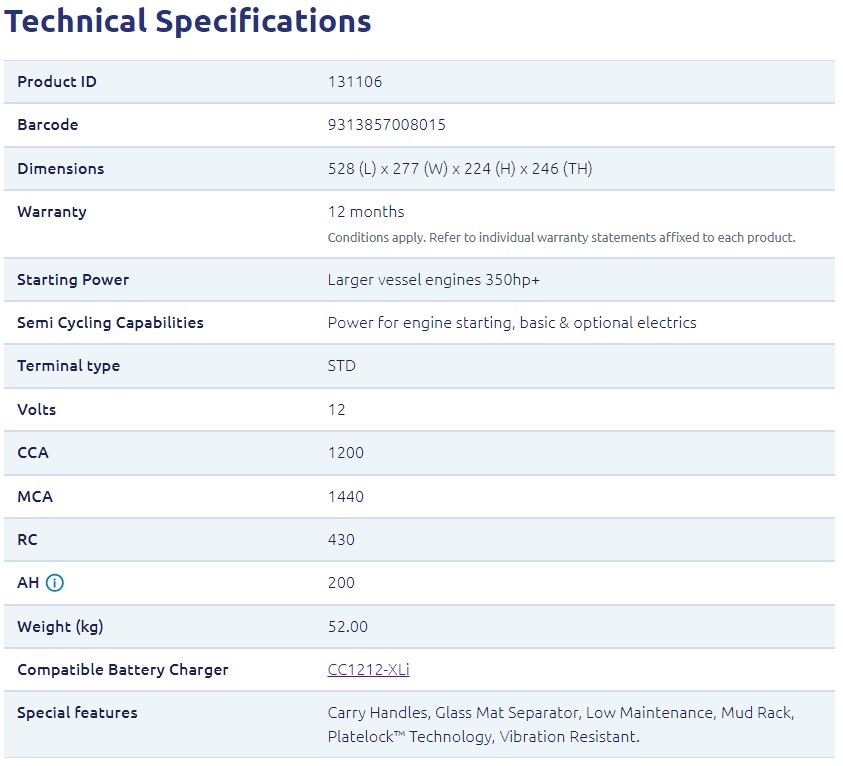 Century 12V 200Ah Marine Pro Cruiser 1200 CCA Flooded Lead-Acid Battery