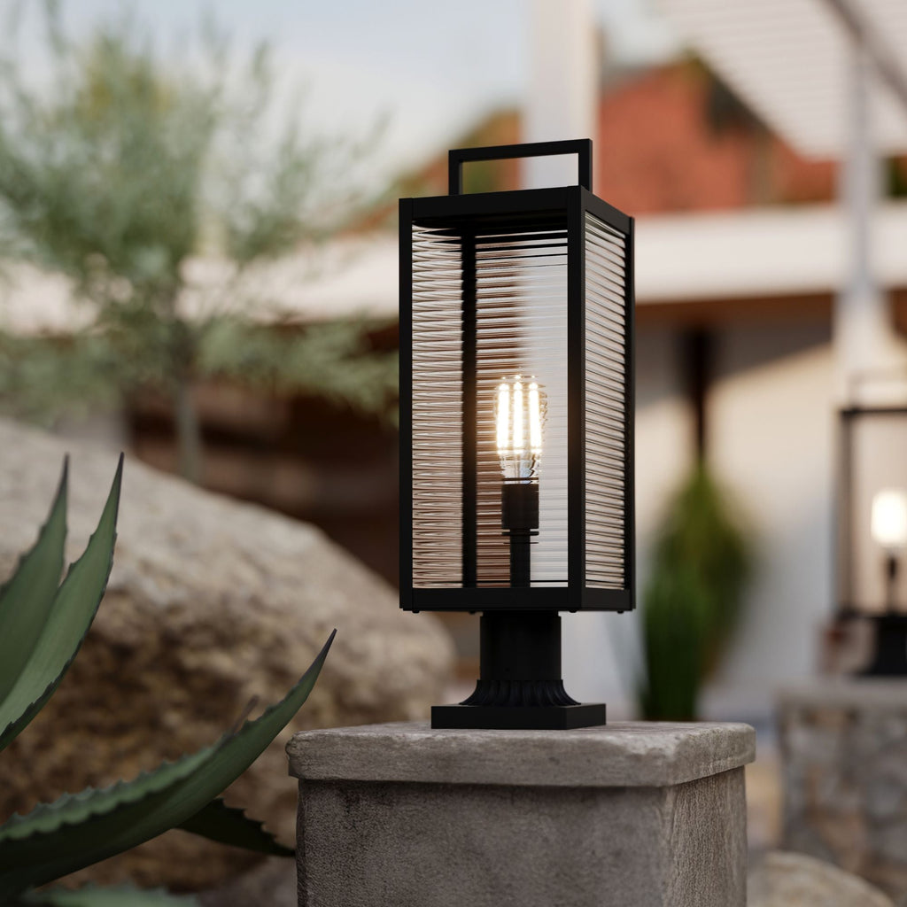 The Great Outdoors Edgewood 21.5 in. Outdoor Post Light, Dark Matte Black with Clear Ribbed Glass