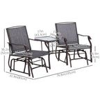Double Patio Glider Chair with Glass Top Center Table, All Weather Breathable Mesh Fabric, Grey