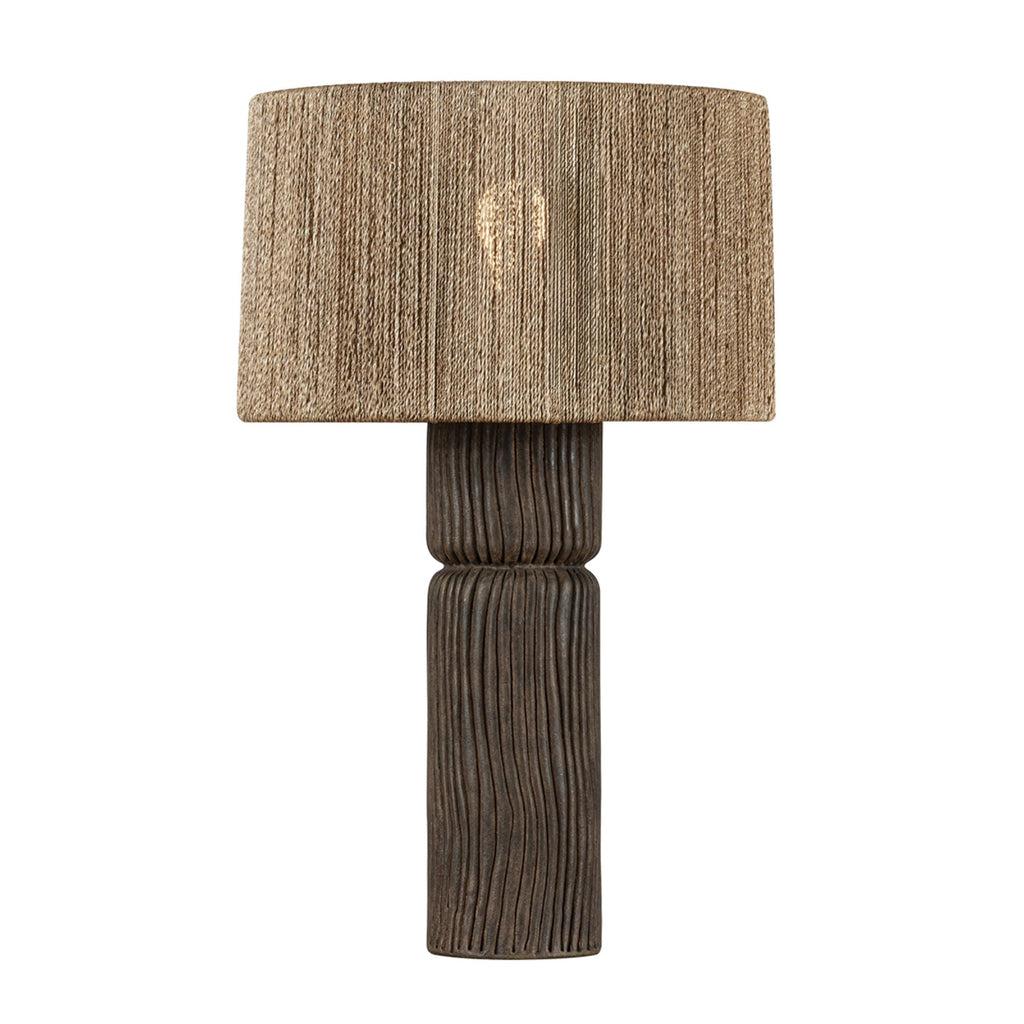 Troy Folk 27.25 in. Table Lamp, Patina Brass & Ceramic Shadowed Bark with Natural Woven Abaca Shade