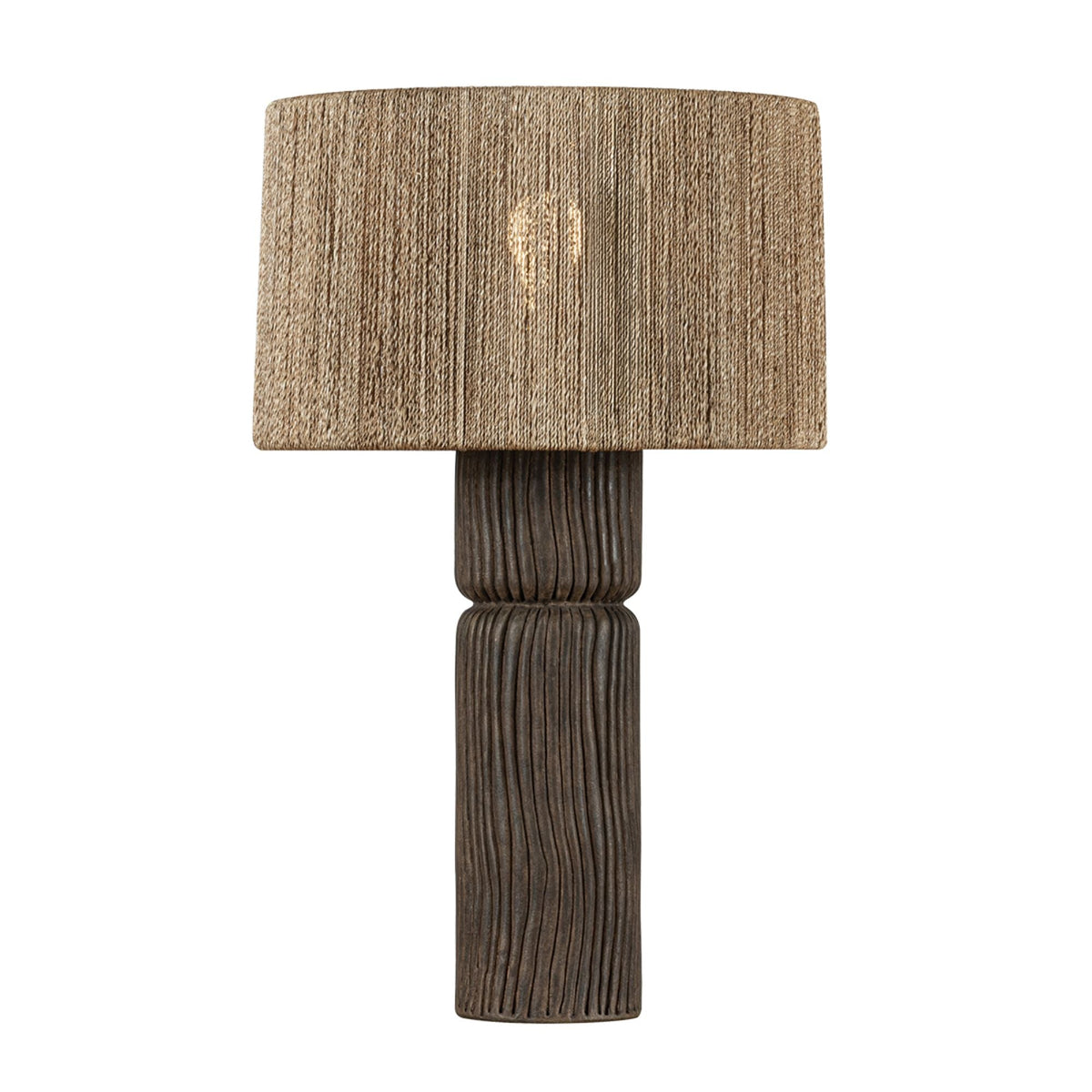 Troy Folk 27.25 in. Table Lamp, Patina Brass & Ceramic Shadowed Bark with Natural Woven Abaca Shade