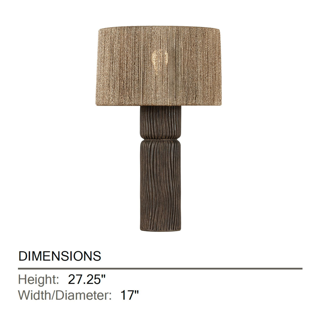 Troy Folk 27.25 in. Table Lamp, Patina Brass & Ceramic Shadowed Bark with Natural Woven Abaca Shade