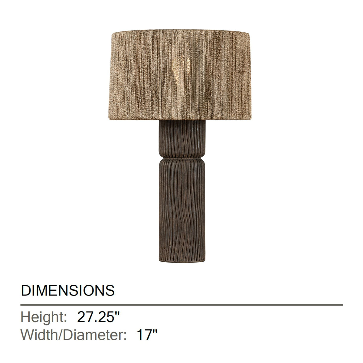 Troy Folk 27.25 in. Table Lamp, Patina Brass & Ceramic Shadowed Bark with Natural Woven Abaca Shade