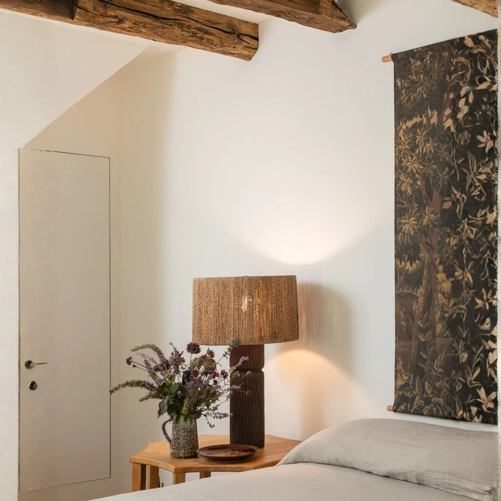 Troy Folk 27.25 in. Table Lamp, Patina Brass & Ceramic Shadowed Bark with Natural Woven Abaca Shade