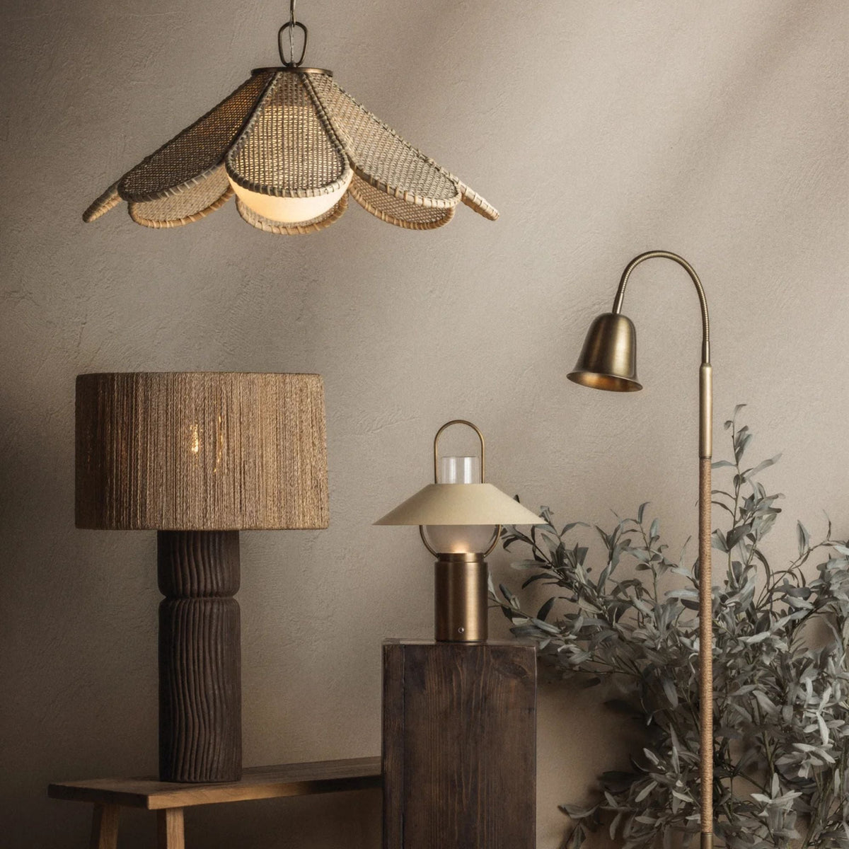 Troy Folk 27.25 in. Table Lamp, Patina Brass & Ceramic Shadowed Bark with Natural Woven Abaca Shade