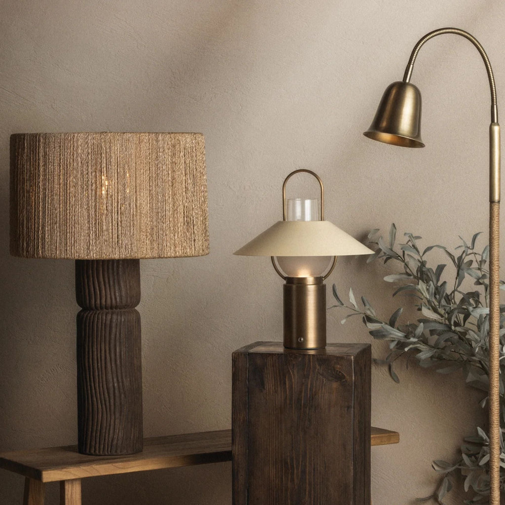 Troy Folk 27.25 in. Table Lamp, Patina Brass & Ceramic Shadowed Bark with Natural Woven Abaca Shade