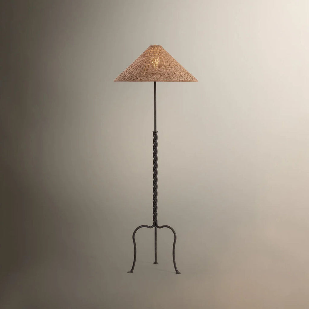 Troy Francisco Floor Lamp, 64 in. Height, French Iron with Natural Woven Abaca Shade