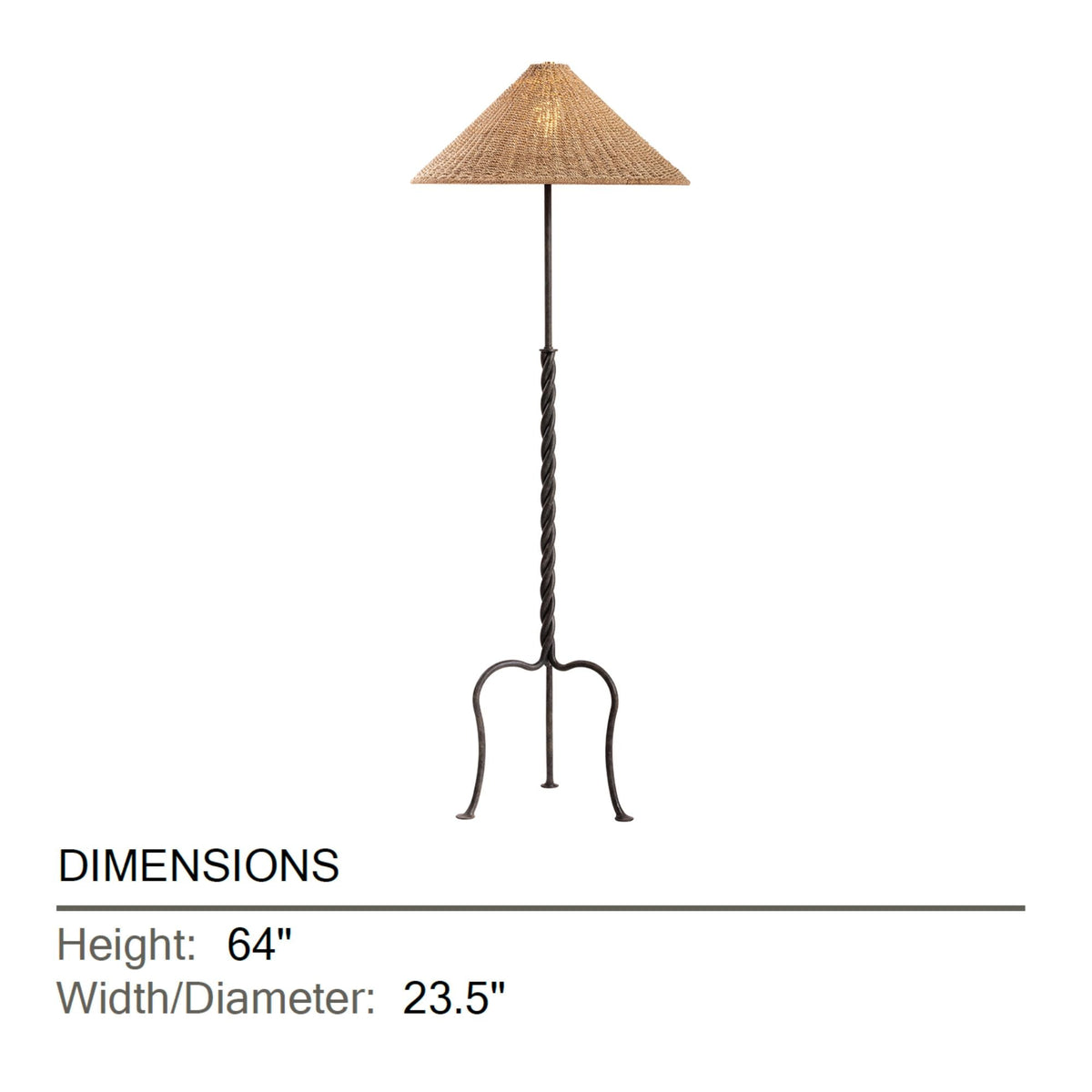 Troy Francisco Floor Lamp, 64 in. Height, French Iron with Natural Woven Abaca Shade