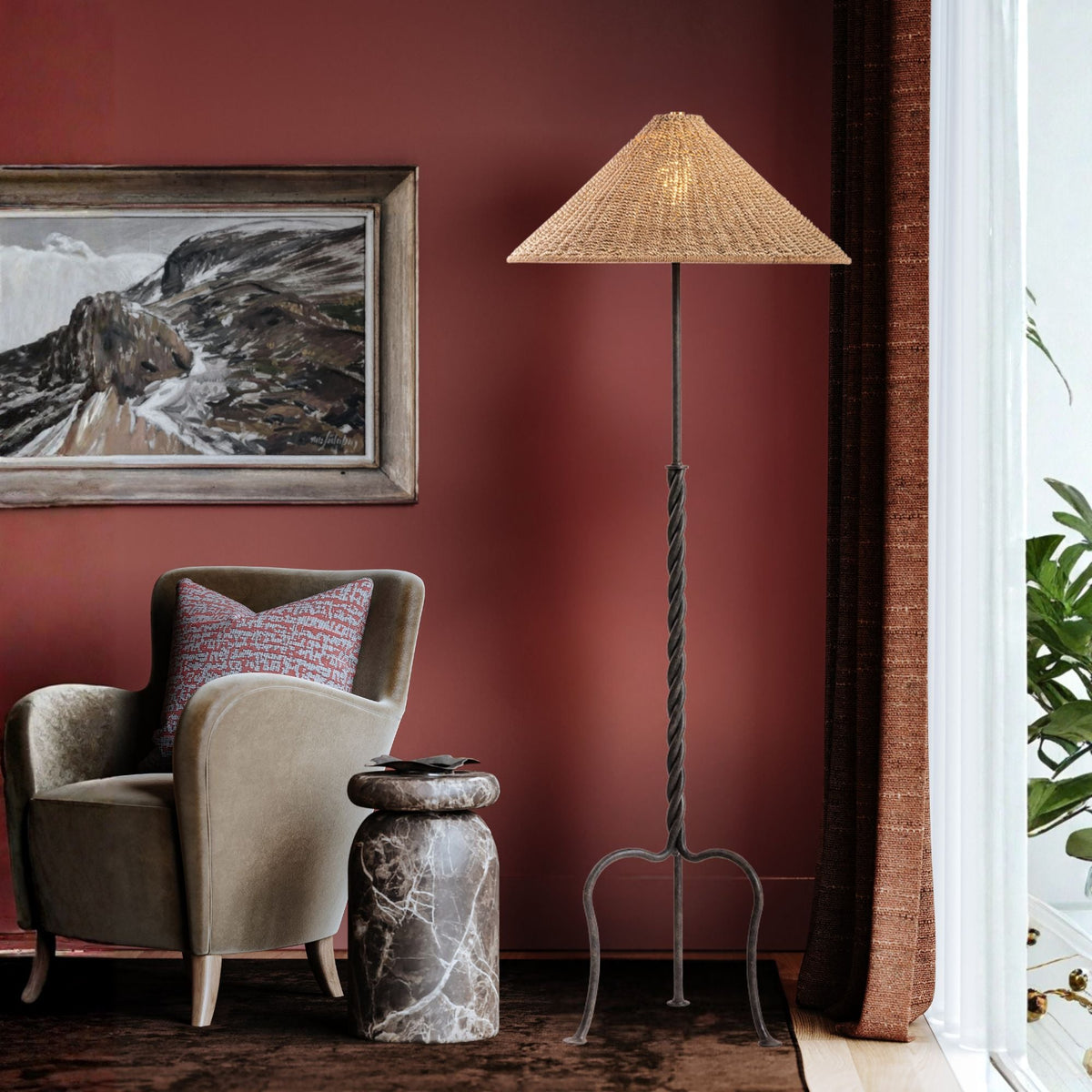 Troy Francisco Floor Lamp, 64 in. Height, French Iron with Natural Woven Abaca Shade