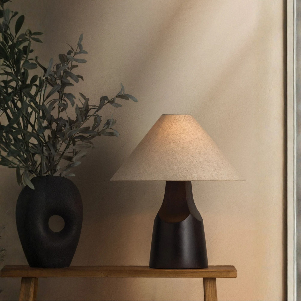 Troy Hewn 20.75 in. Table Lamp, Patina Brass with Beige Natural Linen Shade