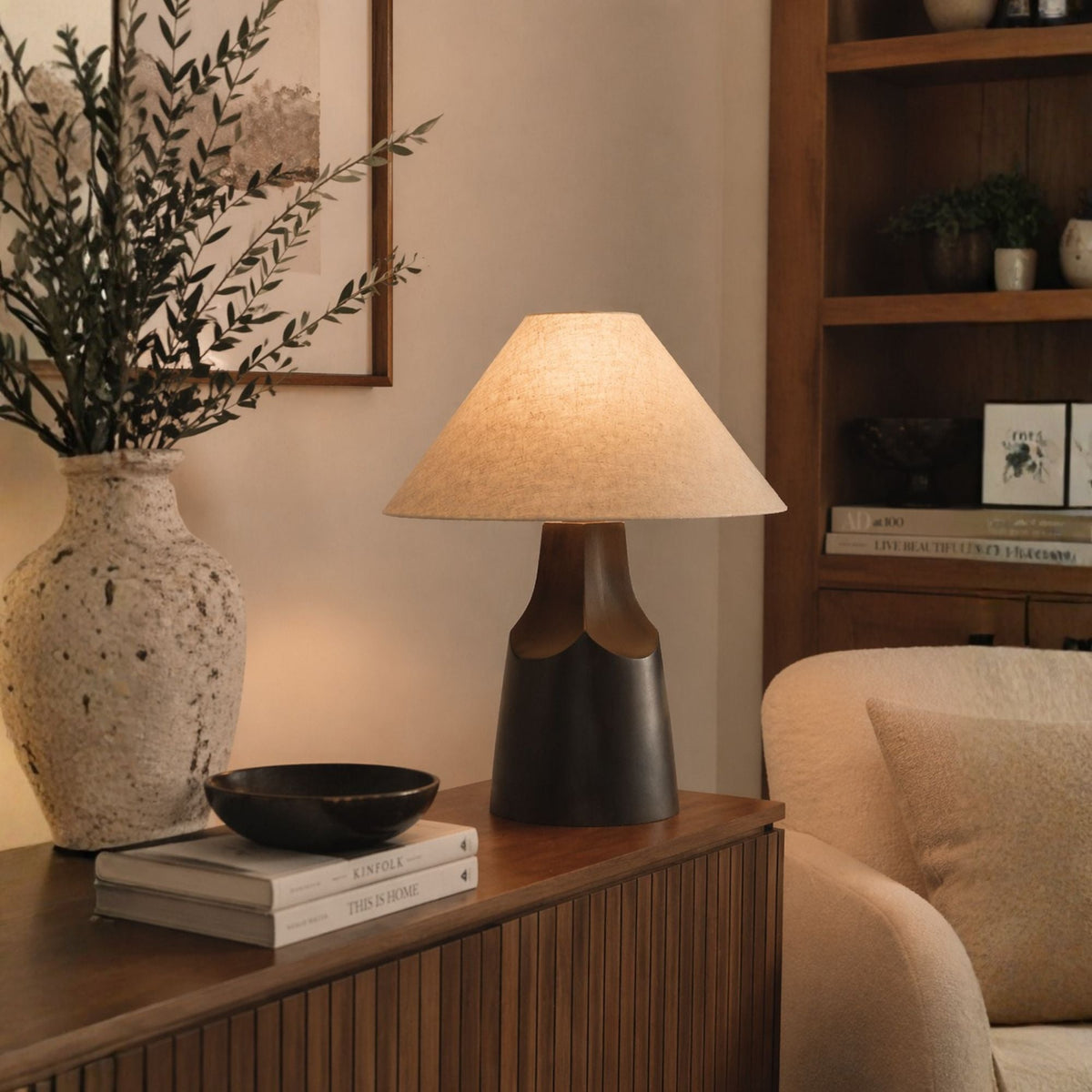 Troy Hewn 20.75 in. Table Lamp, Patina Brass with Beige Natural Linen Shade