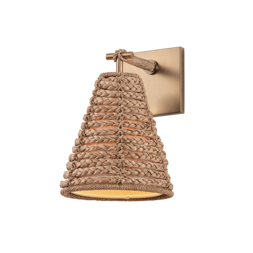 Troy Redwood 11 in. Wall Sconce, Patina Brass with Natural Woven Drum Shade