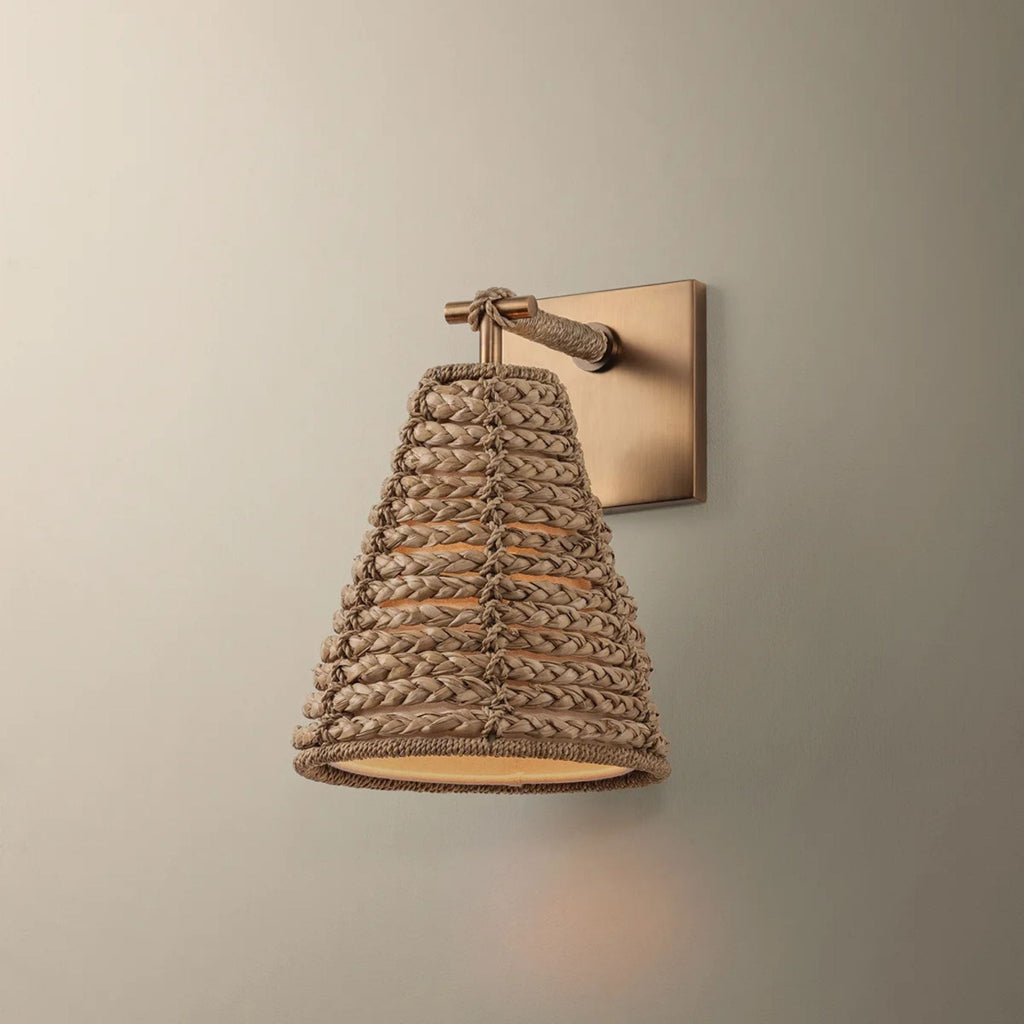 Troy Redwood 11 in. Wall Sconce, Patina Brass with Natural Woven Drum Shade
