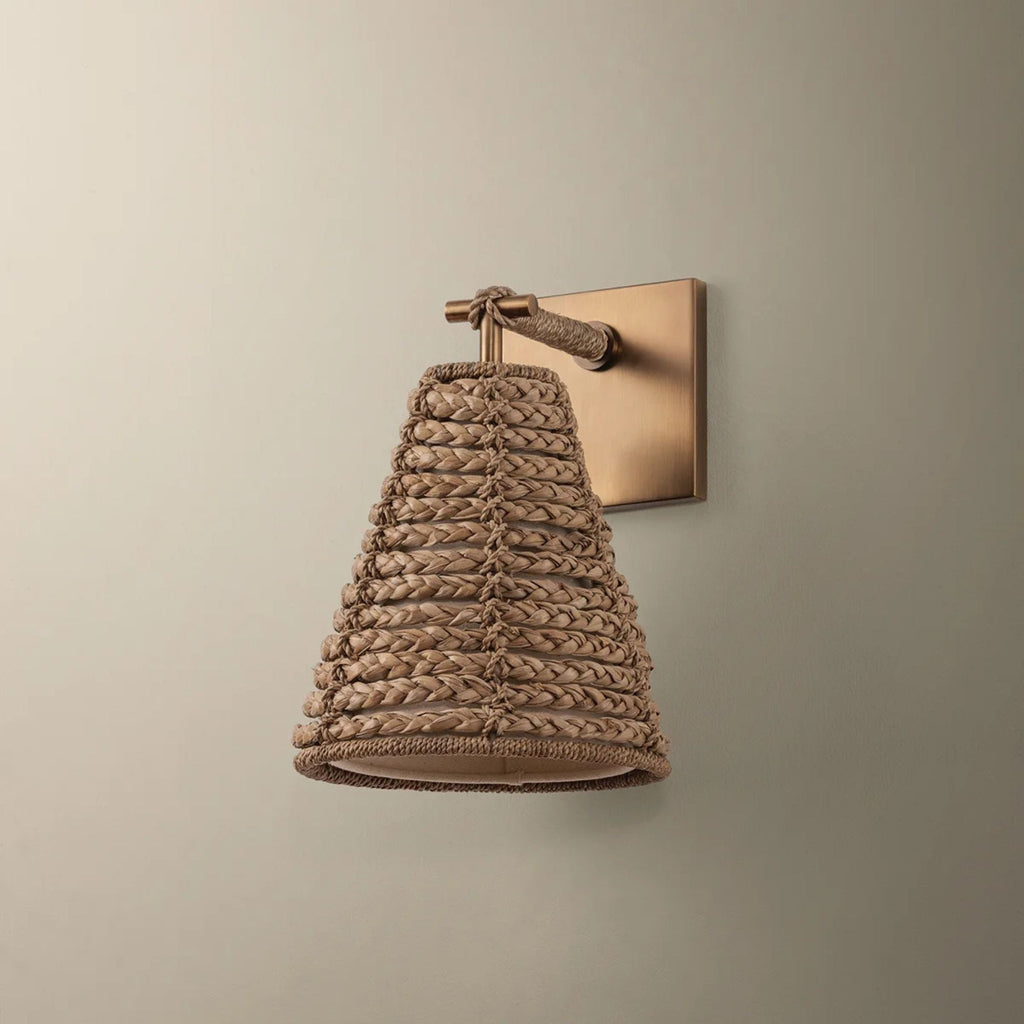 Troy Redwood 11 in. Wall Sconce, Patina Brass with Natural Woven Drum Shade