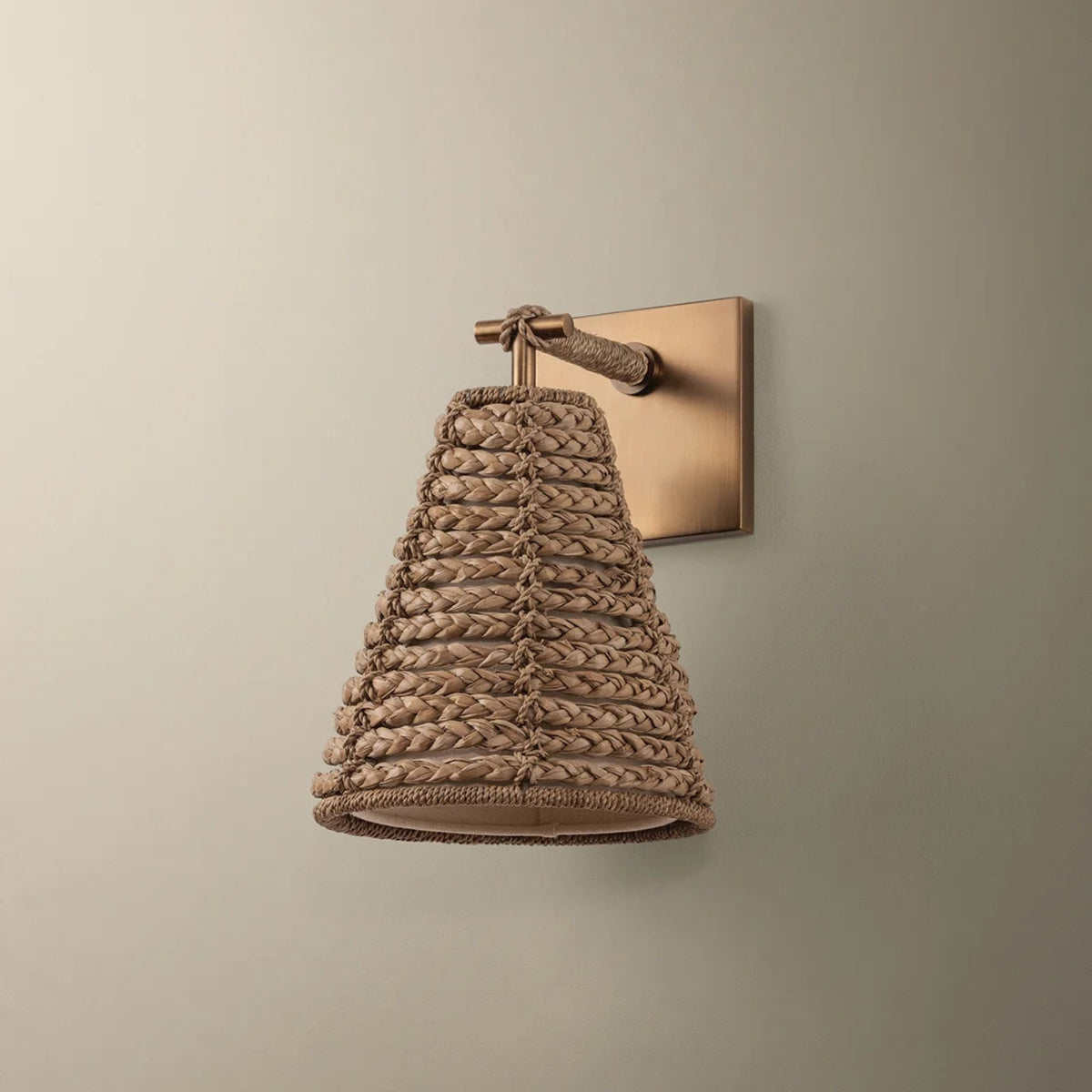 Troy Redwood 11 in. Wall Sconce, Patina Brass with Natural Woven Drum Shade