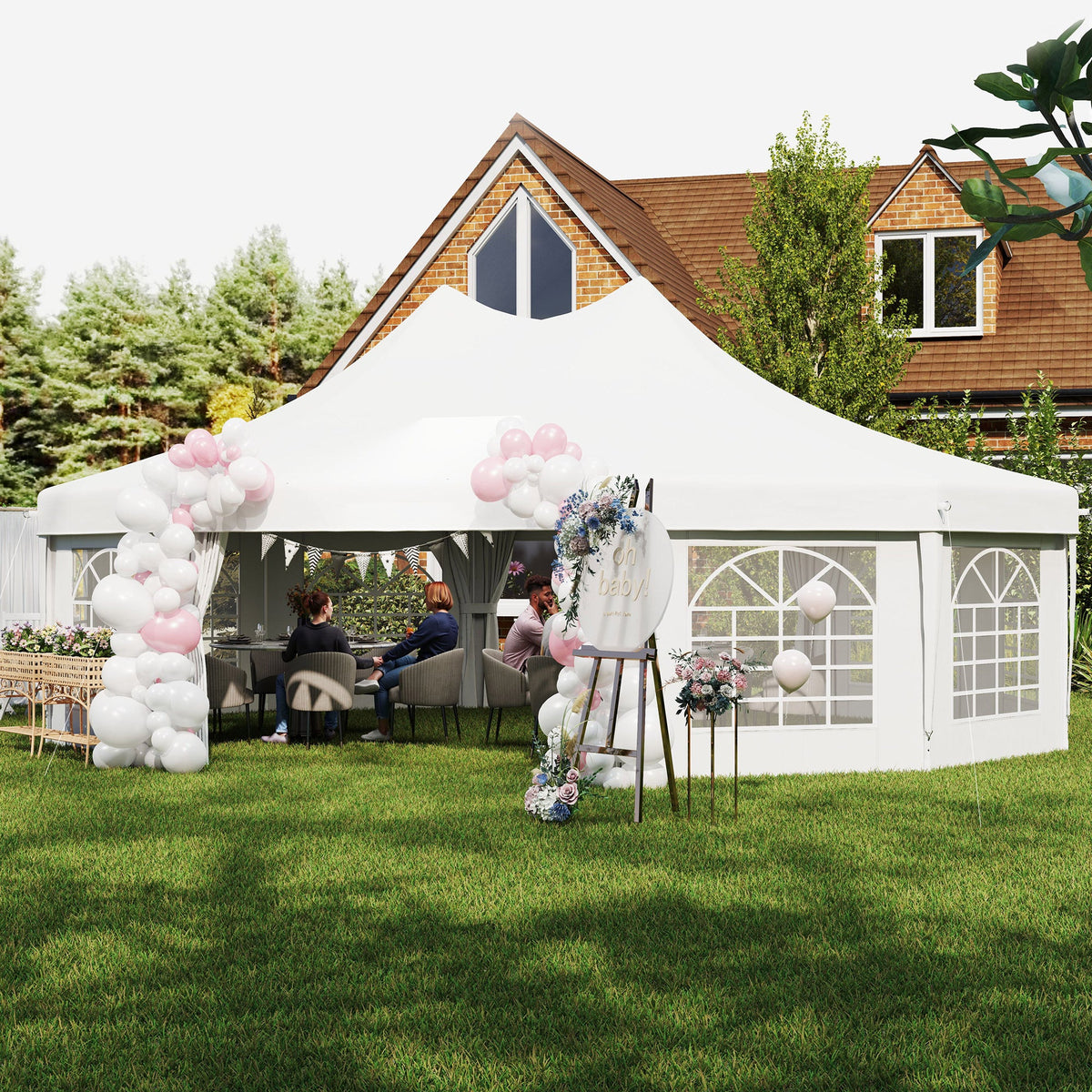 8.9 x 6.5m Decagonal Garden Gazebo Marquee with Sides, White