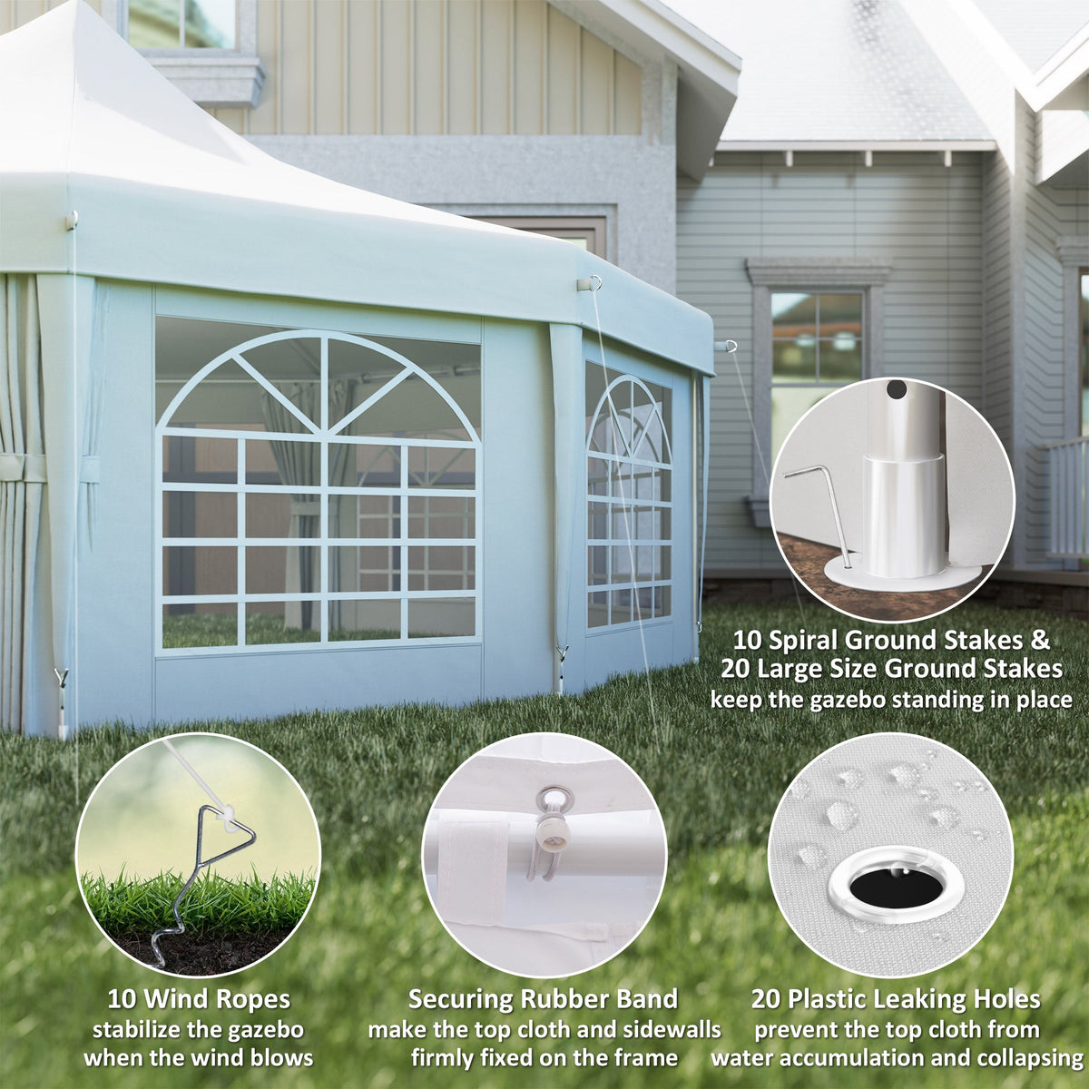 8.9 x 6.5m Decagonal Garden Gazebo Marquee with Sides, White