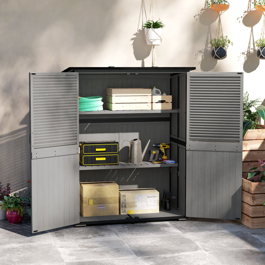 Wood Outdoor Storage Cabinet with Lock and Shelves, Gray