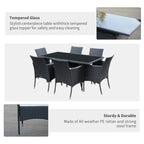 7 Pieces Patio Wicker Dining Set with Removable Cushions & Tempered Glass Tabletop, Black