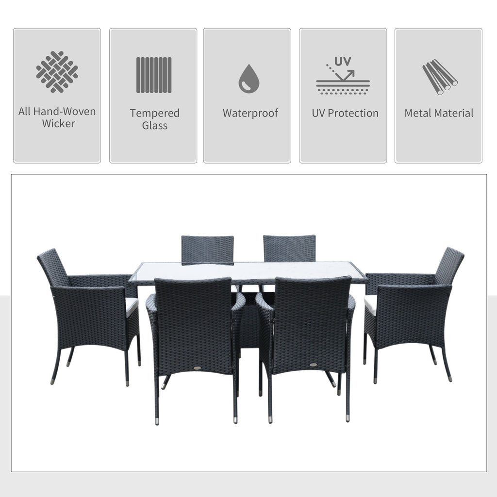 7 Pieces Patio Wicker Dining Set with Removable Cushions & Tempered Glass Tabletop, Black