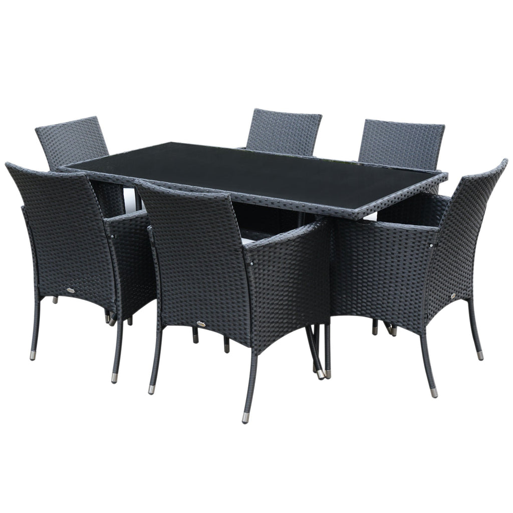 7 Pieces Patio Wicker Dining Set with Removable Cushions & Tempered Glass Tabletop, Black
