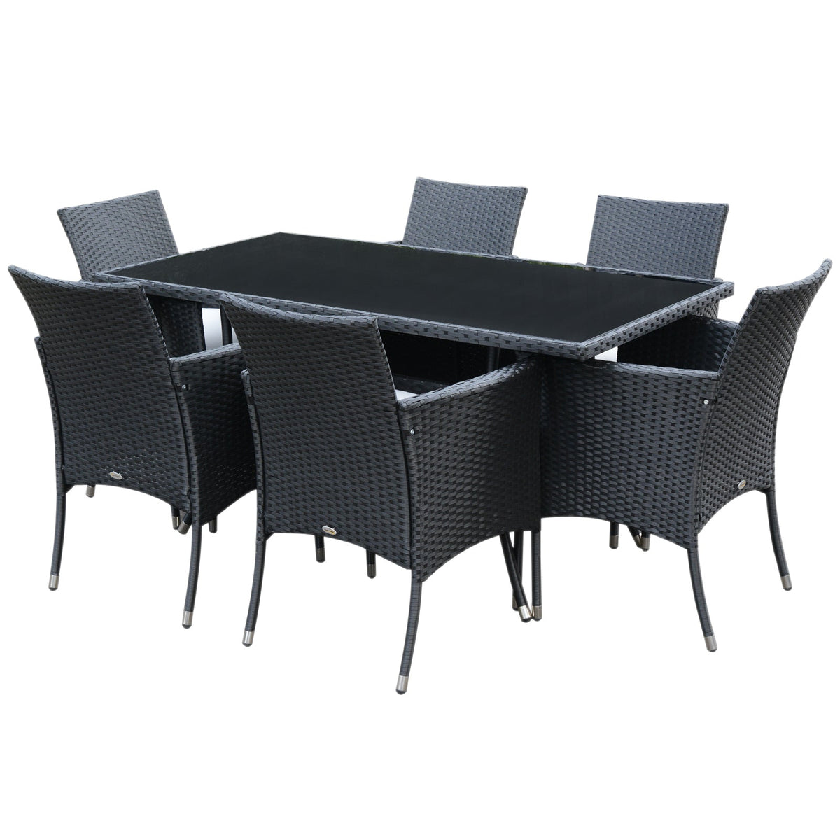 7 Pieces Patio Wicker Dining Set with Removable Cushions & Tempered Glass Tabletop, Black
