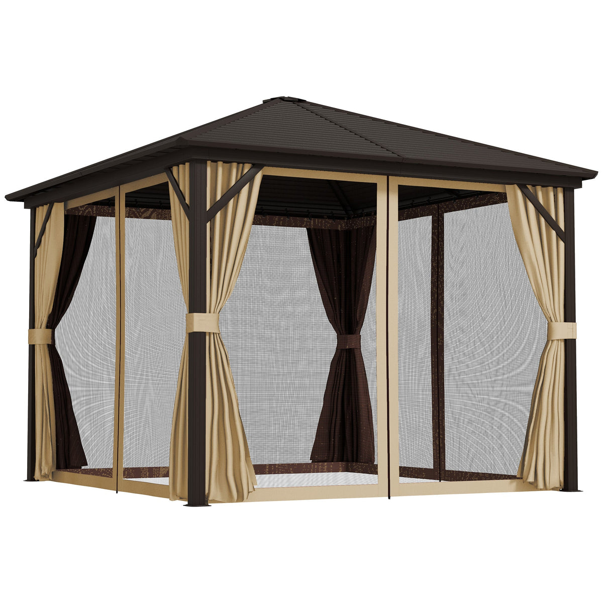 10' x 10' Hardtop Gazebo with Mosquito Netting & Aluminum Frame, Brown