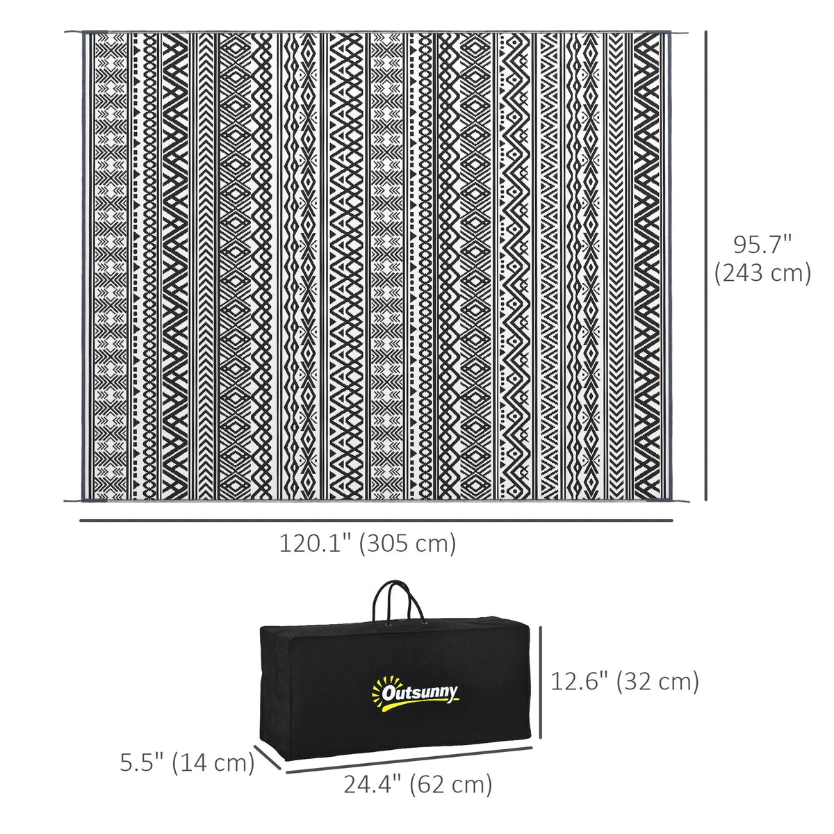 8' x 10' Reversible Mat w/ Carry Bag, Boho Waterproof RV Rug for Backyard, Grey & White