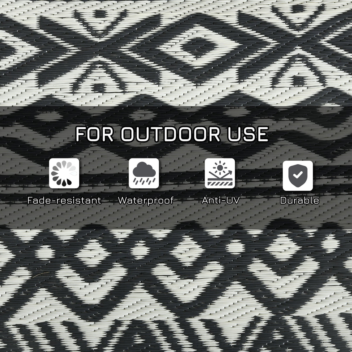 8' x 10' Reversible Mat w/ Carry Bag, Boho Waterproof RV Rug for Backyard, Grey & White