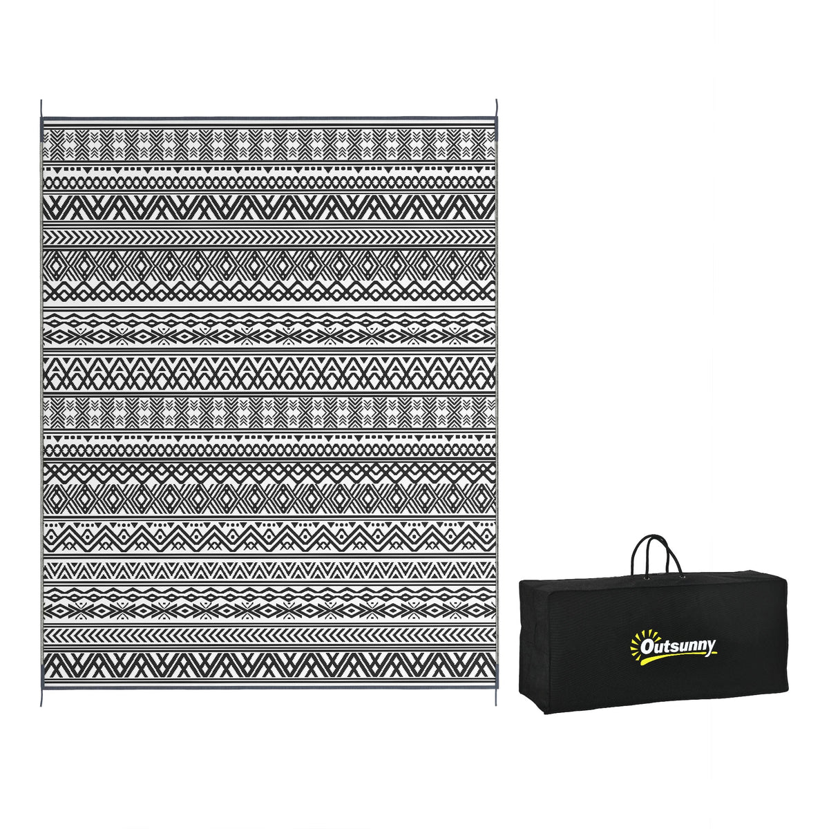 8' x 10' Reversible Mat w/ Carry Bag, Boho Waterproof RV Rug for Backyard, Grey & White