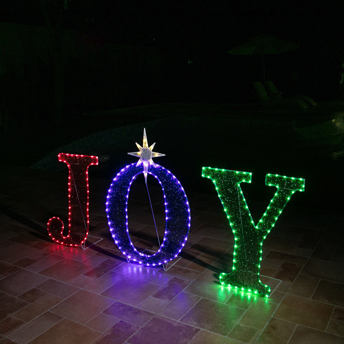 Stockholm Christmas Lights Motif 216 LED Joy Sign Tinsel Mesh RGB Warm White