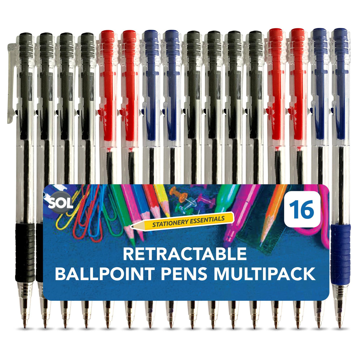 Retractable Ballpoint Pens | Mixed Colours | 16 Pack
