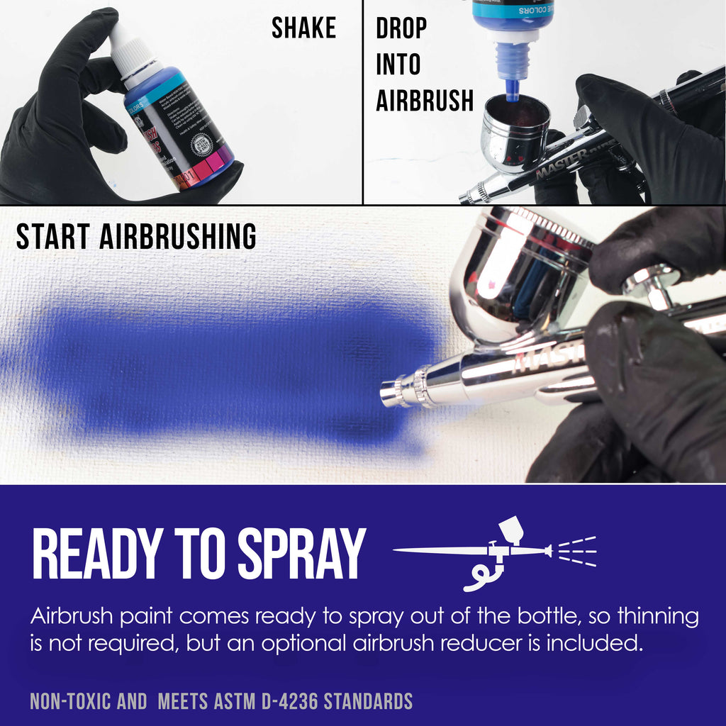 6 Color Starter Primary Opaque Acrylic Airbrush Paint Set with Reducer & Cleaner, Ready to Spray, 1 oz. Bottles