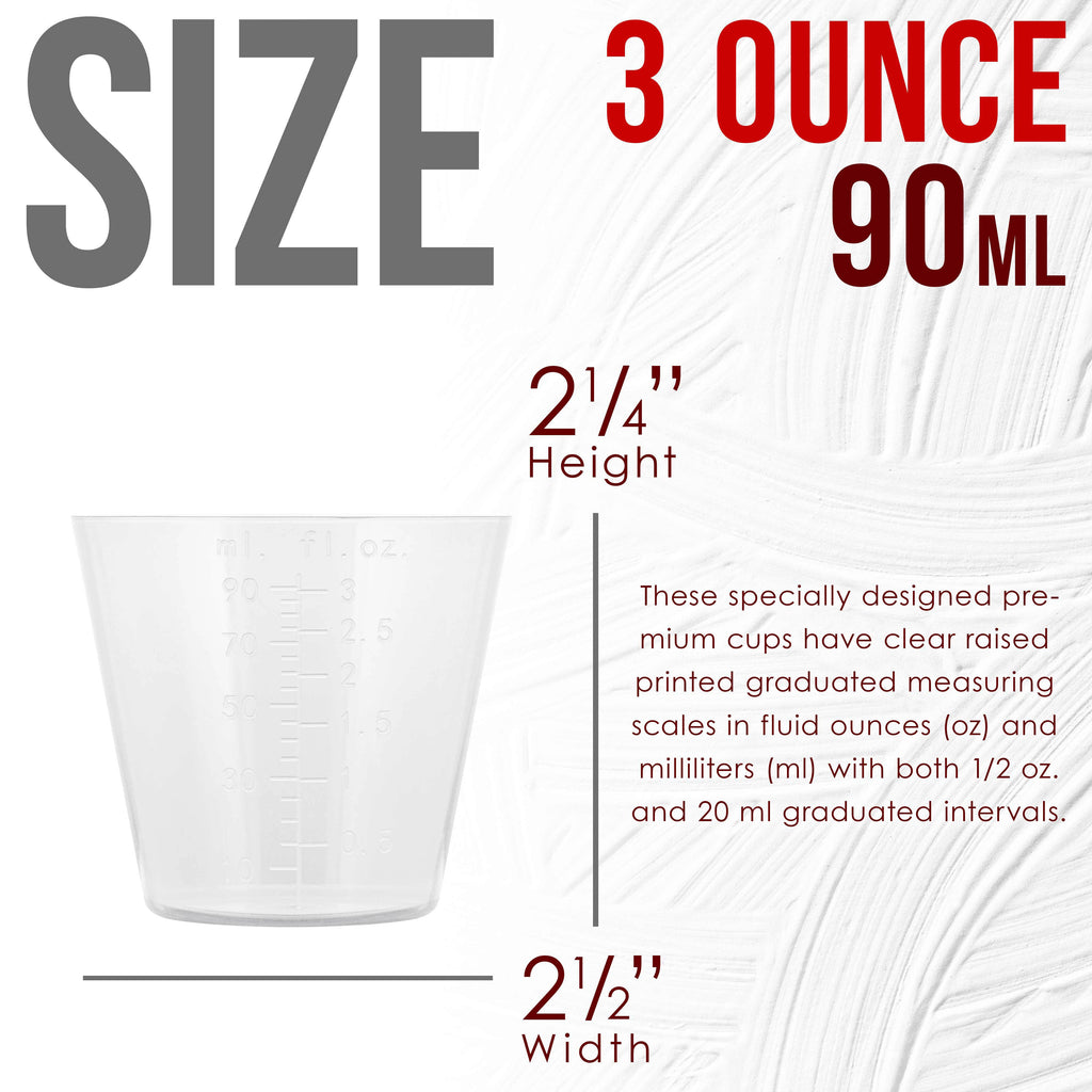 3 Oz (90 ml) Liquid Measuring Cups - Plastic Graduated Cup (100 Pack) with 25 Sticks - Reusable Mixing Cups for Paint, Craft, Kitchen, Lab, Medical Supplies, Epoxy Resin, Art