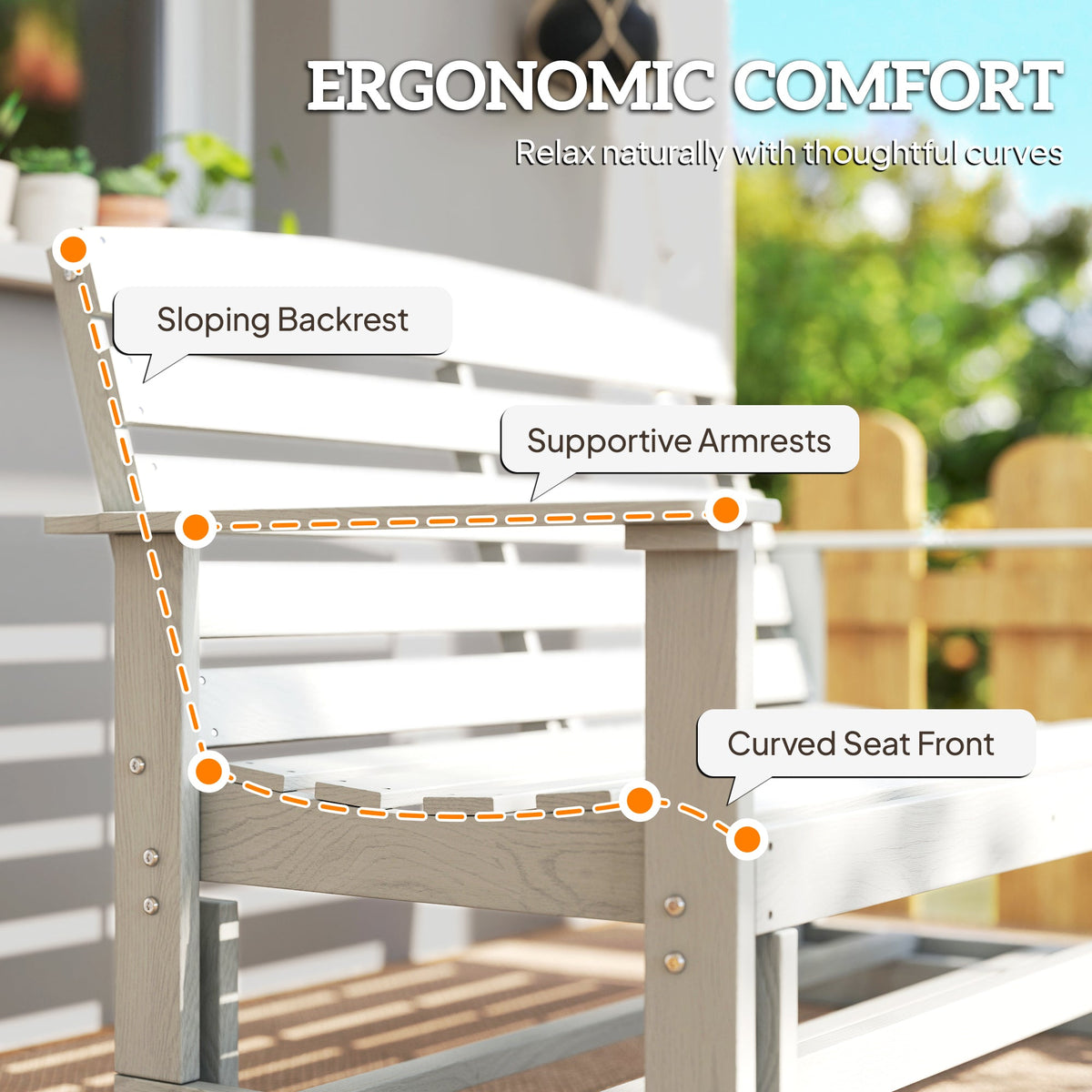 2-Person Outdoor Glider Bench w/ Slatted HDPE Frame for Backyard Garden Porch, Distressed White