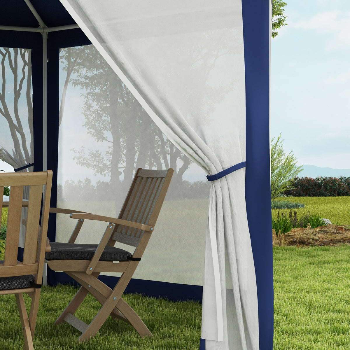 13' x 11' Hexagon Sun Shade Canopy with Protective Mesh Walls & Stakes, Blue