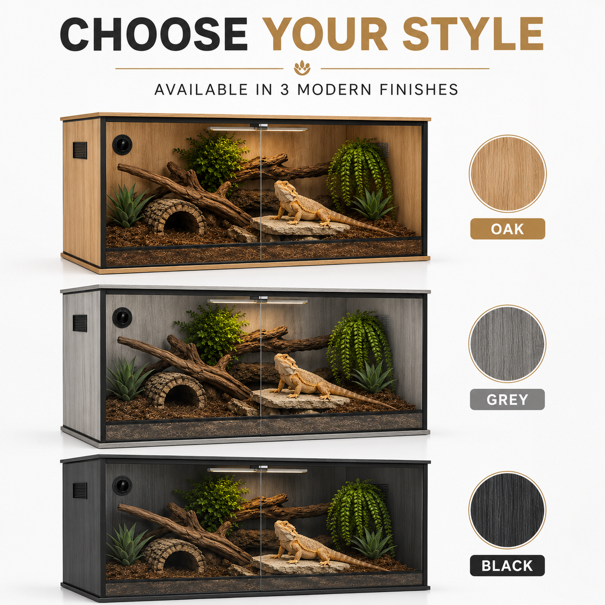 ProRep Vivarium 4×2×2ft Spacious Reptile Enclosure with Sliding Doors & Side Vents | Oak, Grey or Black