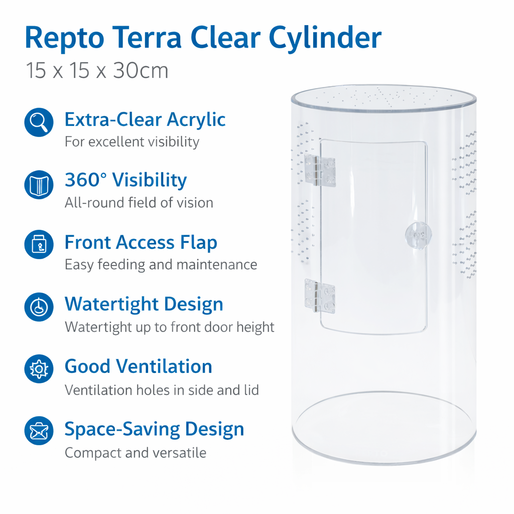 Reptile Repto Terra Clear Transparent Cylinder Acrylic Terrarium 360° View