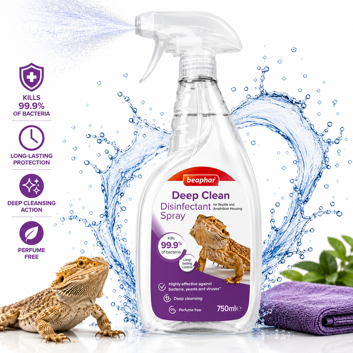 Beaphar Deep Clean Reptile Disinfectant 750ml Vivarium Terrarium Cleaner Spray