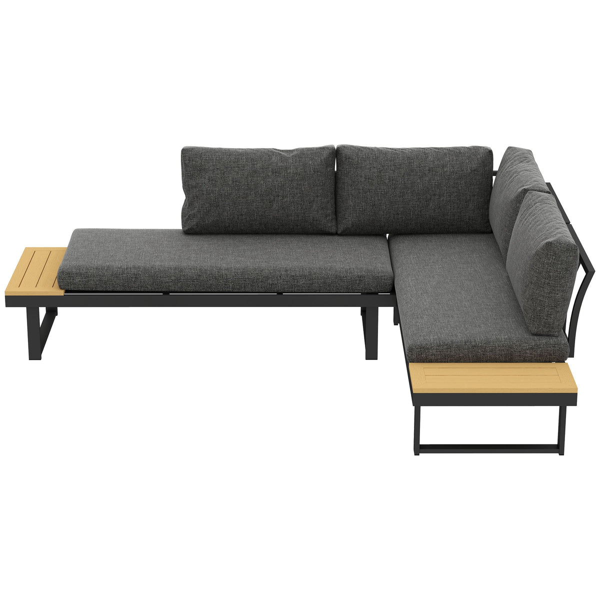 3PC Aluminum Corner Patio Furniture Set w/ 2 Loveseats & Wood-Plastic Coffee Table, Grey