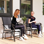 Double Patio Glider Chair with Glass Top Center Table, All Weather Breathable Mesh Fabric, Grey