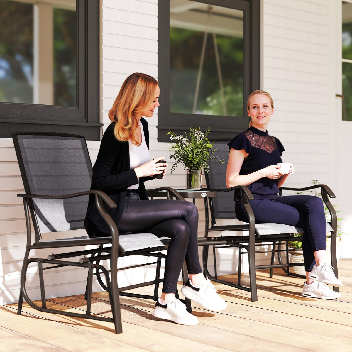 Double Patio Glider Chair with Glass Top Center Table, All Weather Breathable Mesh Fabric, Grey